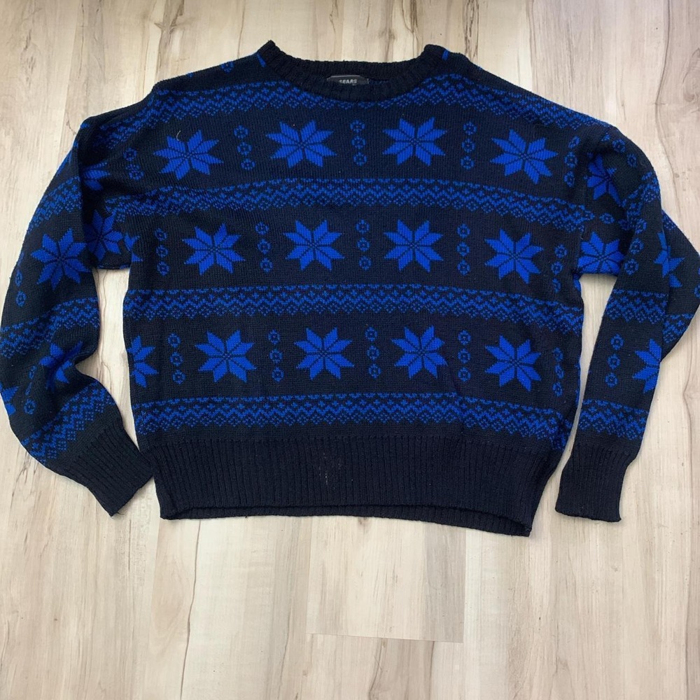 Vintage Sears Mens Blue Black Snowflake Winter Pattern Sweater Size Medium 40